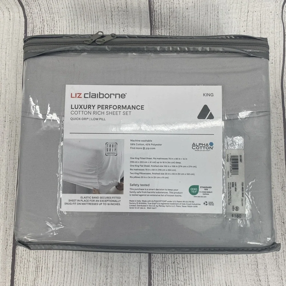 Liz Claiborne Sheet Set KING Light Gray Luxury Performance 1000TC Cotton Crisp